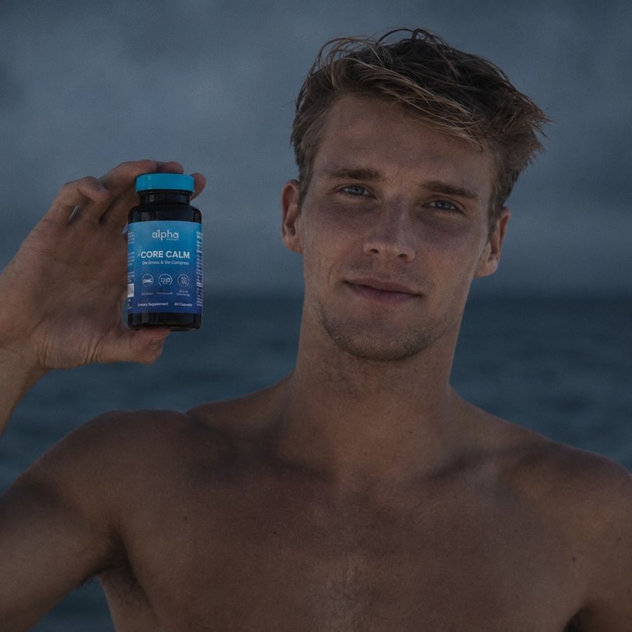 Customer holding Core Calm at the beach
